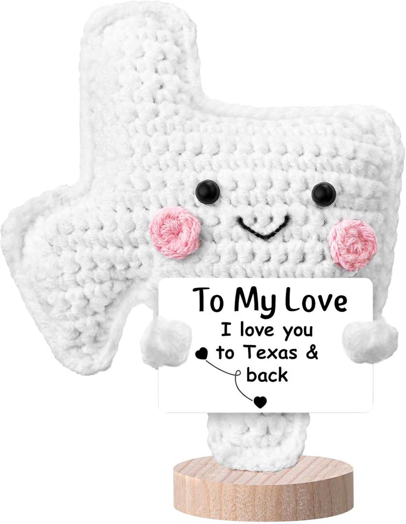 Simgoing Crochet Texas Gifts for Her Him Handmade Plush Gift Inspirational Support Long Distance Relationship Souvenirs for Women Friend Couple Boyfriend Girlfriend, I Love You to Texas and Back