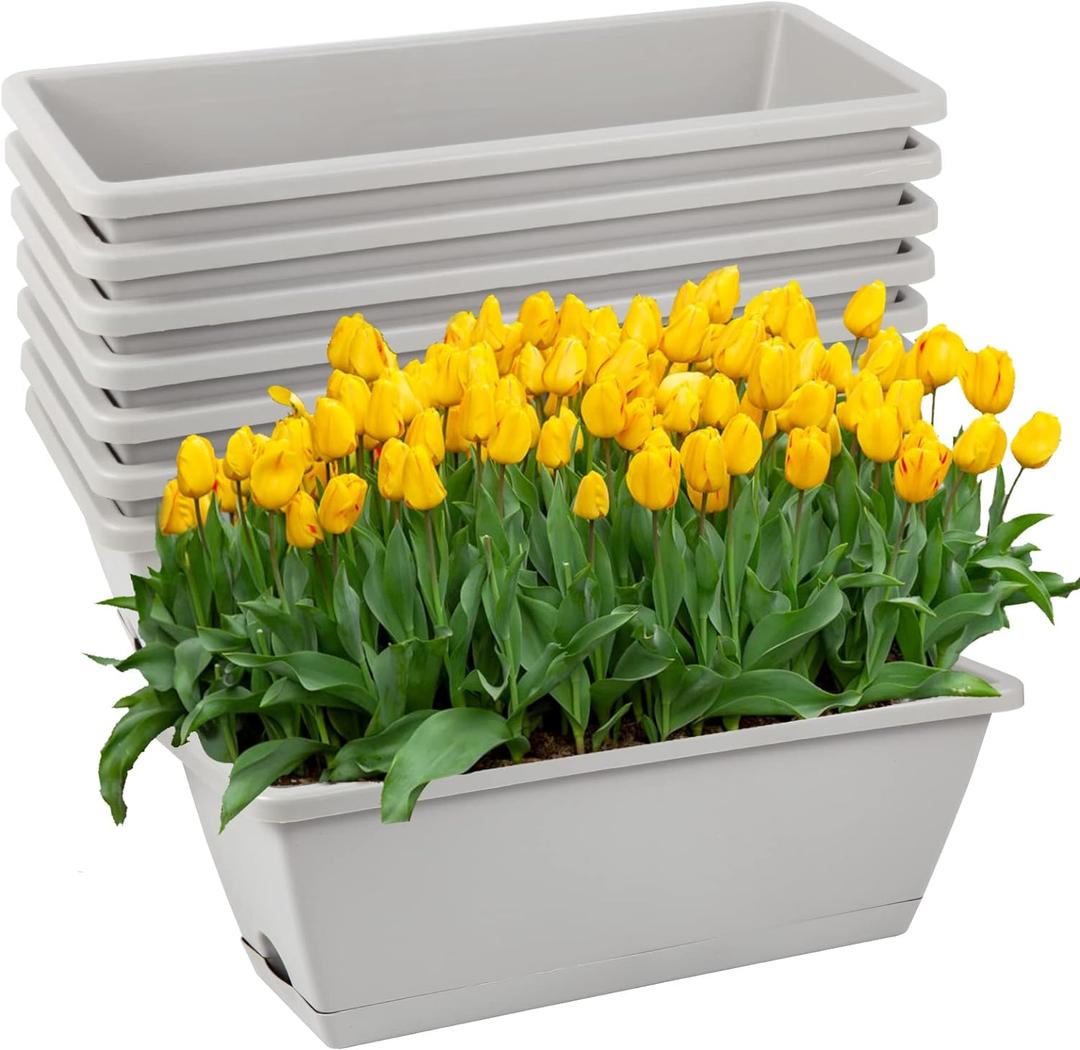 6pcs Window Box Planter, 17 Inches Flower Window Boxes, Rectangle Planters Box with Drainage Holes and Trays, Plastic Vegetable Planters for Windowsill Patio Garden Home Decor Porch Yard (Grey) (Gray)
