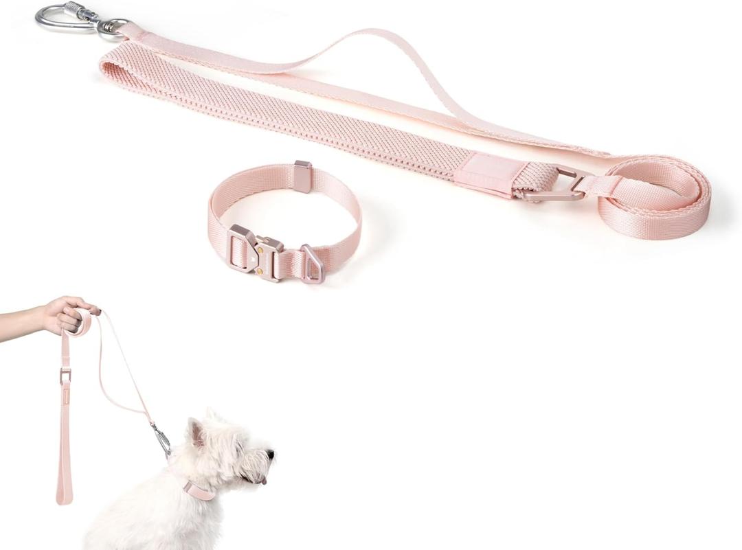 Dog Collar and Leash Set, Quick Release Metal Buckle Collar and Two Handles Dog Leash Heavy Duty for Training & Outdoor Walking for Small Medium Dogs (Blush Pink, S)