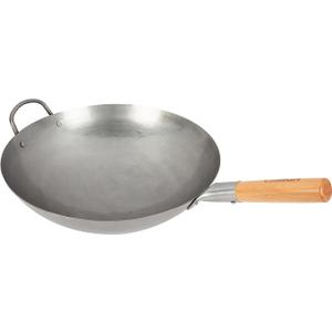 Cuisinart 14” Carbon Steel Hammered Wok, Traditional Round Bottom, Stir Fry Pan with Wooden & Helper Handle for Authentic Asian Cuisine, Wok Hei Cooking Perfect for Stir-Fry, Sauté & Deep Fry