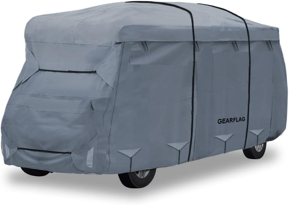 GEARFLAG Class C Camper Cover fits 26-29FT with Zippered Rollup Side Panels Water-Resistant Reinforced Windproof Straps Reflective Safety Strips Heavy Duty Fabric Ideal for RV Van and Trailer
