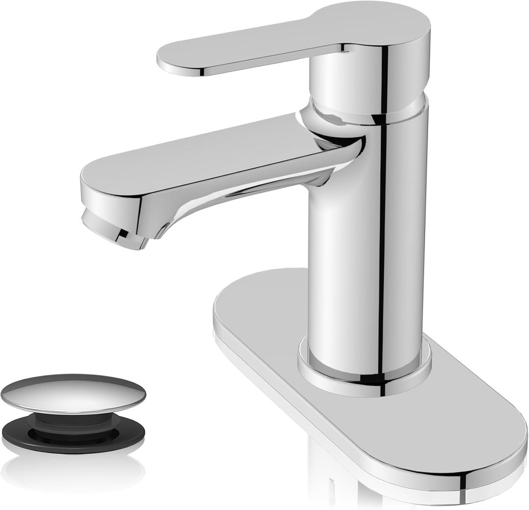 BELZ Bathroom Faucet, Single Handle Matte Black Sink Faucet for 1 or 3 Hole Installation, Modern Lead-Free Metal Vanity Faucet with Pop-Up Drain & Supply Hoses (Polished Chrome)