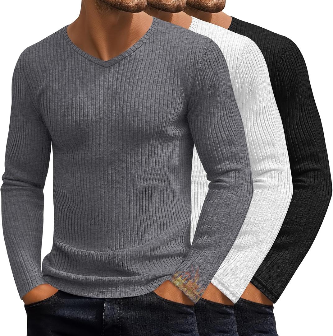 3 Pack Men's Big and Tall Thermal Shirts Cotton Fleece Lined Long Sleeve Ribbed V Neck Sweater Casual Layer (XXXL)