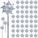 Qualirey 48 Pack Reflective Pinwheels with Stakes Sparkly Pinwheels for Yard and Garden Windmill Wind Spinners Efficiency Reflective Material Deterrents Keep Birds Away Garden Yard Lawn (Silver)