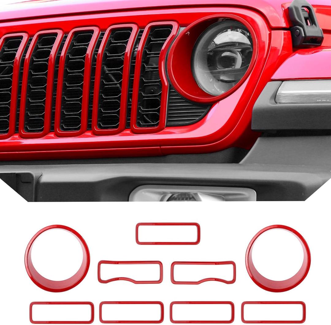 JeCar Grill Inserts for Jeep Wrangler JL JLU 2024 2025+ Grill Covers & Headlight Covers Trim Kit Accessories (Red)