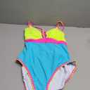 popvil Yellow and Deep Sky Blue Color Block One Piece Bathing Suit for Women V Neck Swimsuit Plunge Shell Trim Swimwear Tie Back, XXL