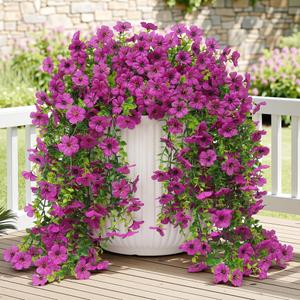 Artificial Fake Hanging Flowers Plants Spring Summer Decoration for Outdoor, 4PCS Faux Silk Daisy Flowers with Eucalyptus Leaves UV Resistant Realistic Planter Porch Patio Balcony Yard Decor (Purple)
