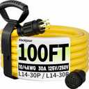 100FT 30 Amp Generator Cord, Outdoor Heavy Duty 4 Prong Extension Cord with Twist Lock, NEMA L14-30P/L14-30R, 30A 125/250V, 10 Gauge, STW, for Home Emergencies, RVs, ETL Listed, Yellow