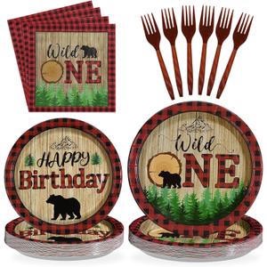 96Pcs Lumberjack Birthday Decorations Buffalo Plaid Lumberjack First Birthday Plates Disposable 350GSM Wild One Bear Woodland Tableware Set for Camping Hunting Party Baby Shower Decor, Serves 24