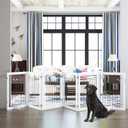 PAWLAND 144-inch Extra Wide 30-inches Tall Dog gate with Door Walk Through, Freestanding Wire Pet Gate for The House, Doorway, Stairs, Pet Puppy Safety Fence, Support Feet Included, White,6 Panels