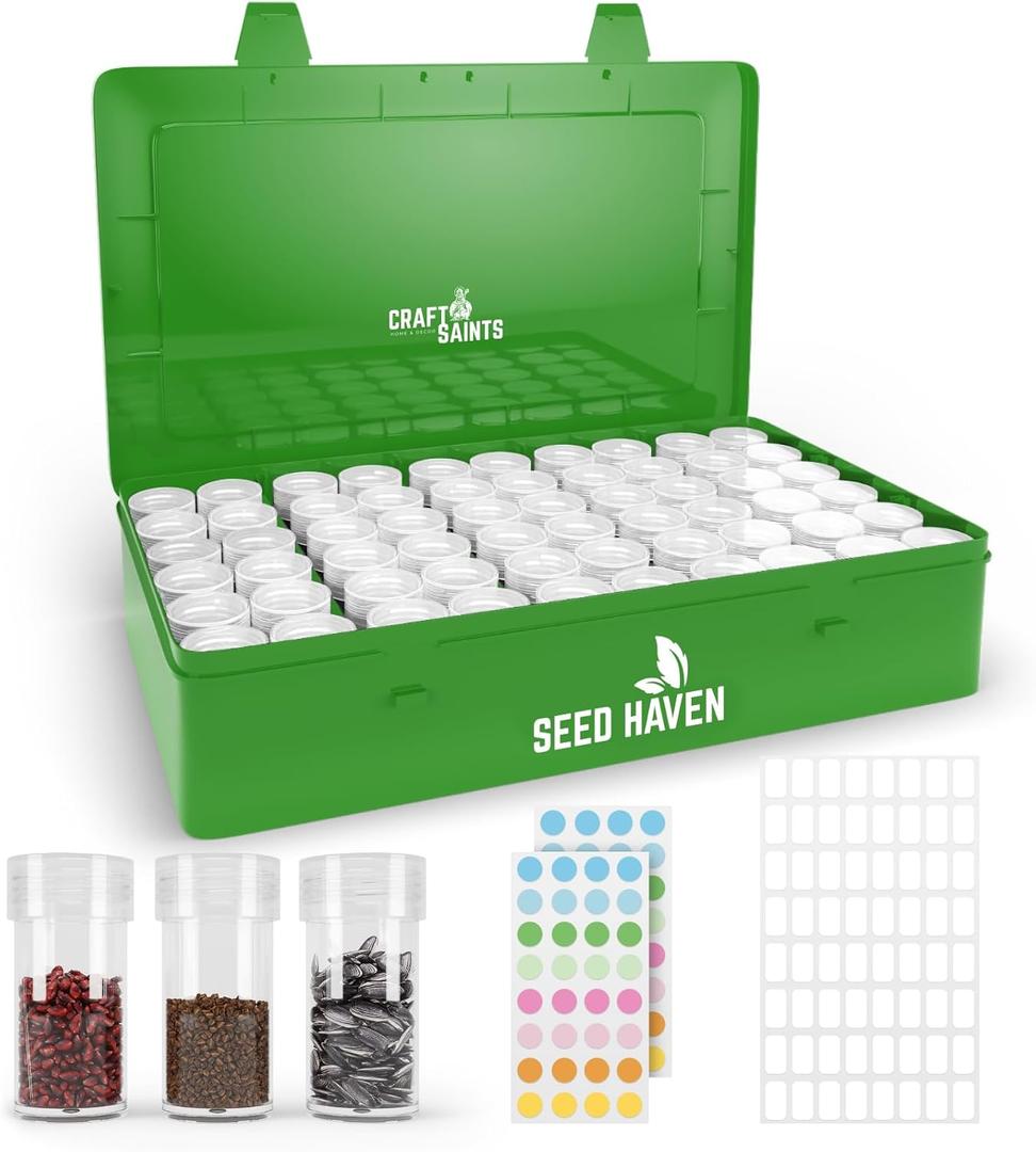 Seed Organizer Storage Box, Black Opaque Light Proof Seed Bank with 60 Transparent Bottles & Labels, Seed Holder Packet Organizer, Seed Vault Container for Homesteaders, Garden Tackle and Bead Sorter (GREEN with LOGO)