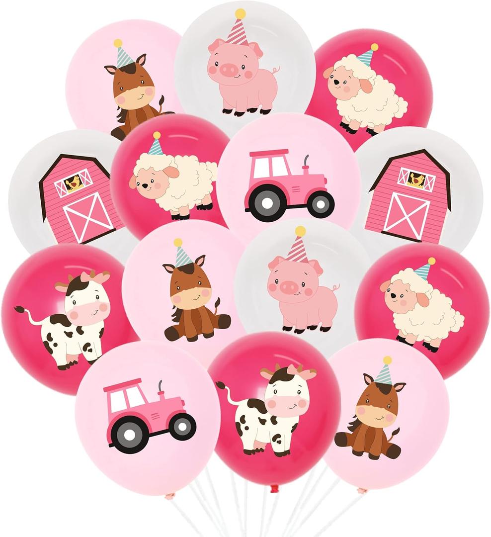 36pcs Pink Farm Animal Balloons Girls, 12 Inch Cow Sheep House Pig Car Donkey Latex Balloons Farm Animal Birthday Party Supplies Pink Farmhouse Baby Shower Decorations for Kids Barnyard Themed Party