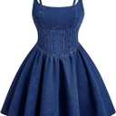WDIRARA Women's Casual Square Neck Denim Dress Ruffle Hem A Line Mini Dress (XL, Dark Wash)