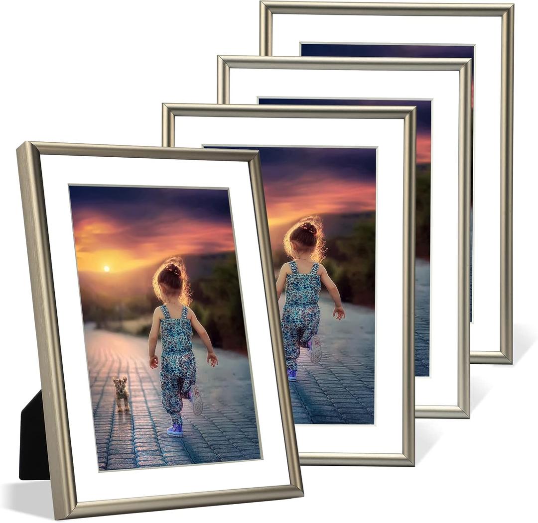 5x7 Picture Frame Set of 4, Matted Champagne Simple Modern Brushed Thin Aluminum Metal Photo Frame Fits 4x6 and 3x5 with Mat or 5 x 7 without Mat . Vertical and Horizontal for Tabletop and Wall