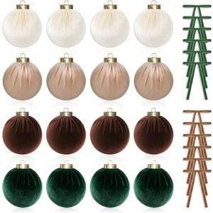 Velvet Christmas Ornaments, Pack of 16pcs 3.15" Shatterproof Ornaments Balls in 4 Colors and 12pcs 7.09" Velvet Bows for Christmas Tree (Brown, Green) and Vintage Xmas Tree Decoration (Neutral)