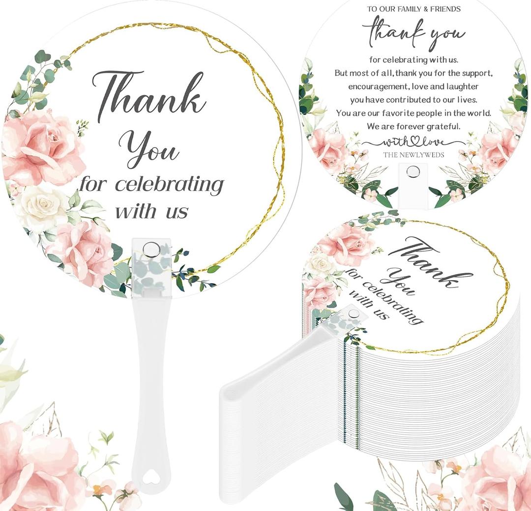CroBlissful 100 Pcs Wedding Hand Fans for Guests Bulk Decorative Plastic Handheld Wedding Favor Fans with Handle Thank You for Celebrating with Us for Ceremony Bridal Shower Party Decor(Flower)