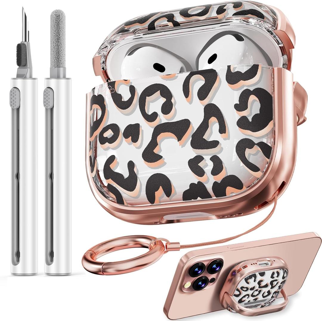 Inesore with Safety Lock for AirPods 4 Case,Clear Floral Cute AirPod 4th Generation Case for Women Girly with Cleaner Kit and Keychain-Black+Gold Leopard Print