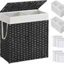 SONGMICS Laundry Hamper with Lid, 110L Clothes Hamper with 2 Removable Liner Bags, 6 Mesh Bags, Wicker Laundry Basket, Double Laundry Hamper for Laundry Room, 13 x 22.4 x 23.6 Inches Black ULCB52BK