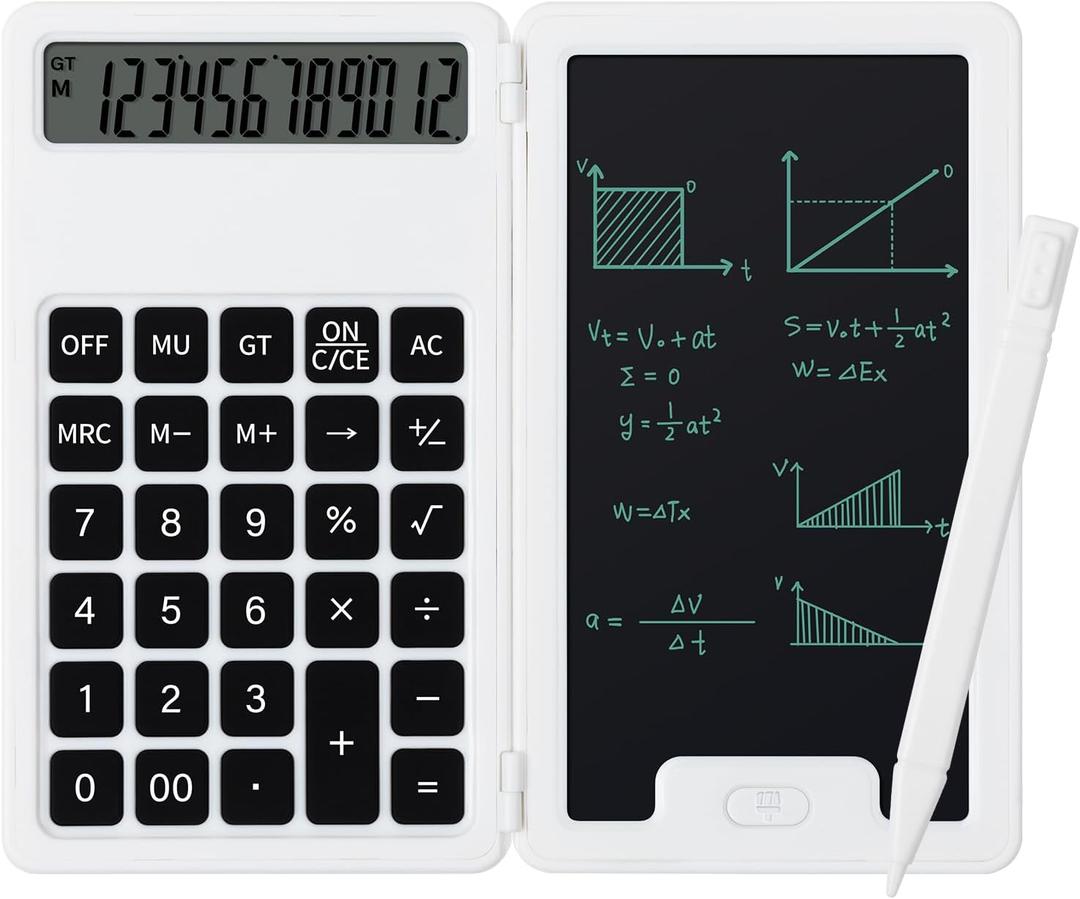 Desk Portable Basic Calculator, Small Mini Calculators with Writing Notepad and Stylus, More Lightweight and Portable, 12Digit Large Display Multi-Function for Office, School, Home & Financial (White)