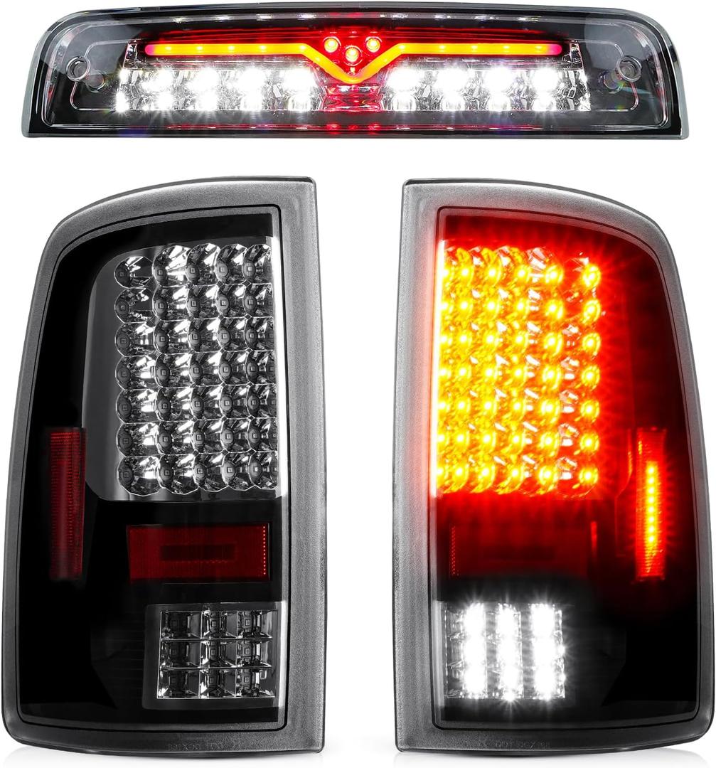 LED Tail Light Assembly + 3rd Brake Light Fit for Dodge Ram 1500 2500 3500 2009-2018, Fit for Dodge Ram 1500 Classic 2019 [Factory Halogen Model] Taillights and High Mount Stop Light, Clear Lens-3PCS