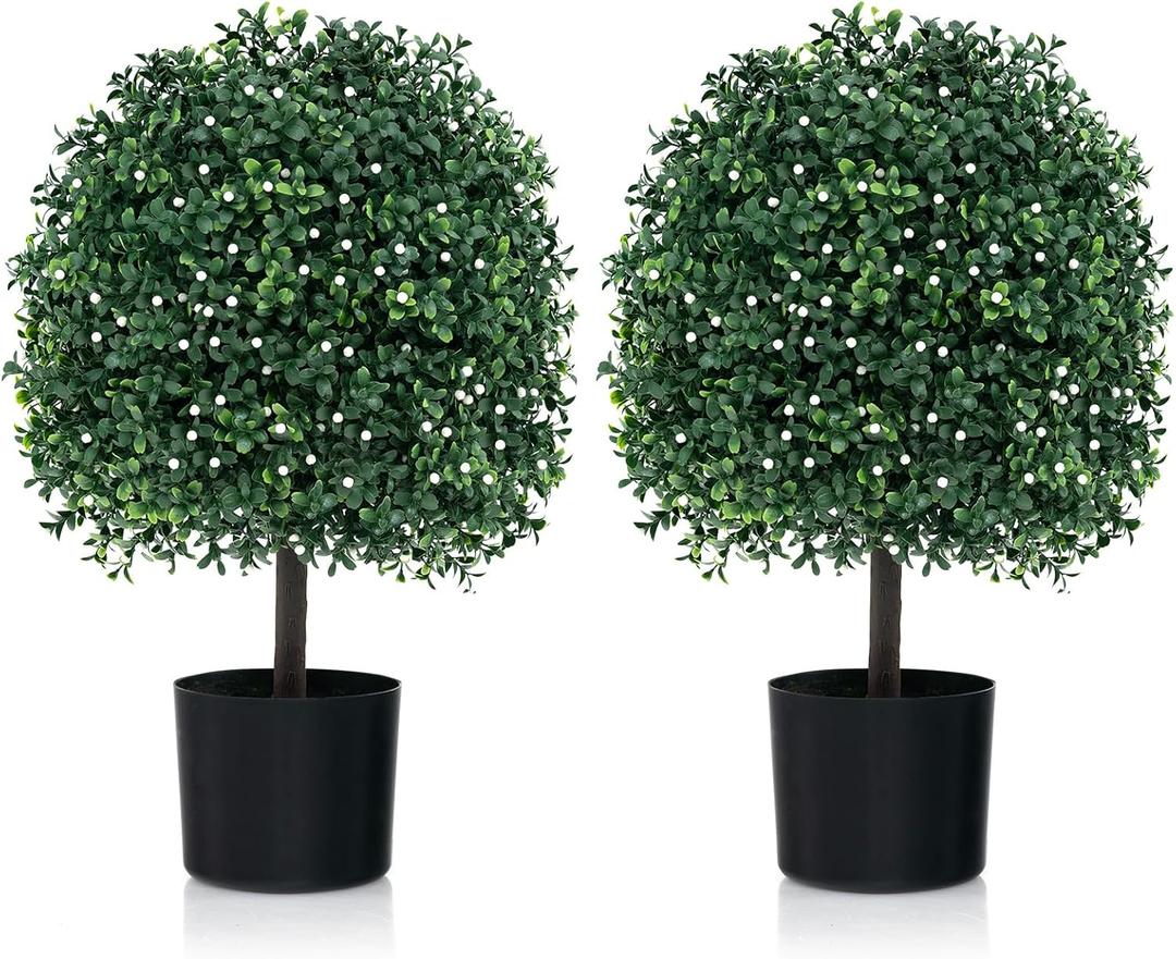 GOFLAME Set of 2 Artificial Boxwood Topiary Ball Trees, 21.5" Faux Bushes Potted Plants with PE Leaves and White Flowers, Cement Filled Base, Fake Evergreen Shrubs for Home, Office, Porch Decoration