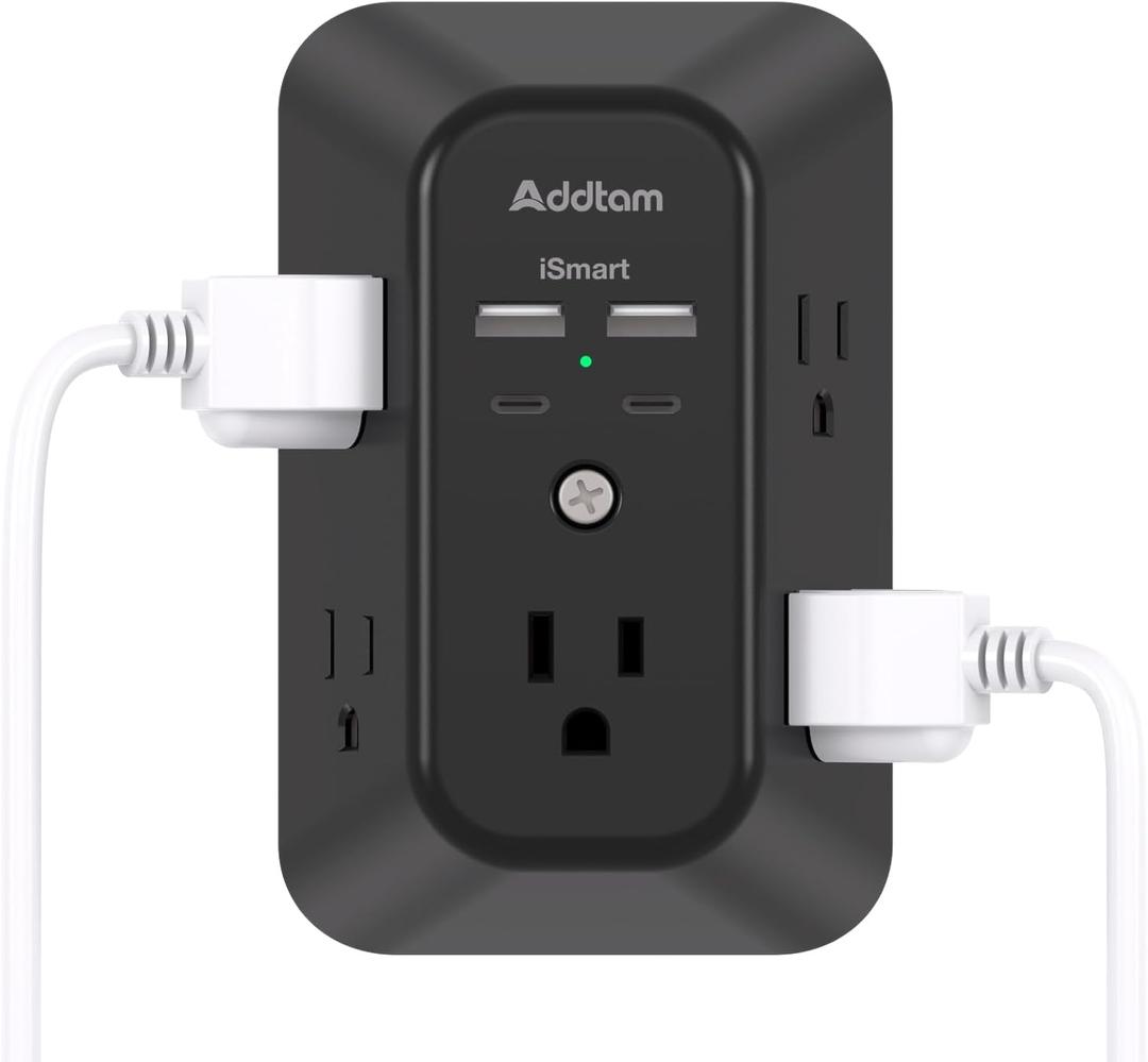Surge Protector Outlet Extender - Addtam 5-Outlet Splitter with 4 USB Wall Charger(2 USB-C Ports), Multi Plug Outlet Power Strip for Home, Dorm Room Essentials, Black