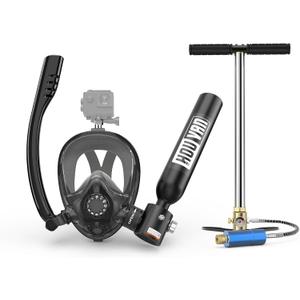 Mini Scuba Tank with Snorkel Mask 0.5L Inflatable Diving Tank with Full Face Diving Mask Pony Bottle Backup Diving Air Tank Suits for Recreational Snorkeling Shallow Diving