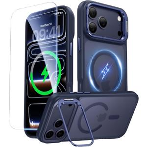 for iPhone 17 Pro Case with Stash Lens Stand and 9H Screen Protector, Compatible with MagSafe, Military-Grade Drop Protection Phone Case for iPhone 17 Pro, 360 Full Protection, Deep Blue