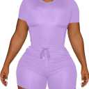 LovelyWholesale Women's Summer 2 Piece Outfits Skinny Shorts Tracksuit Sets (X-Large, Purple)