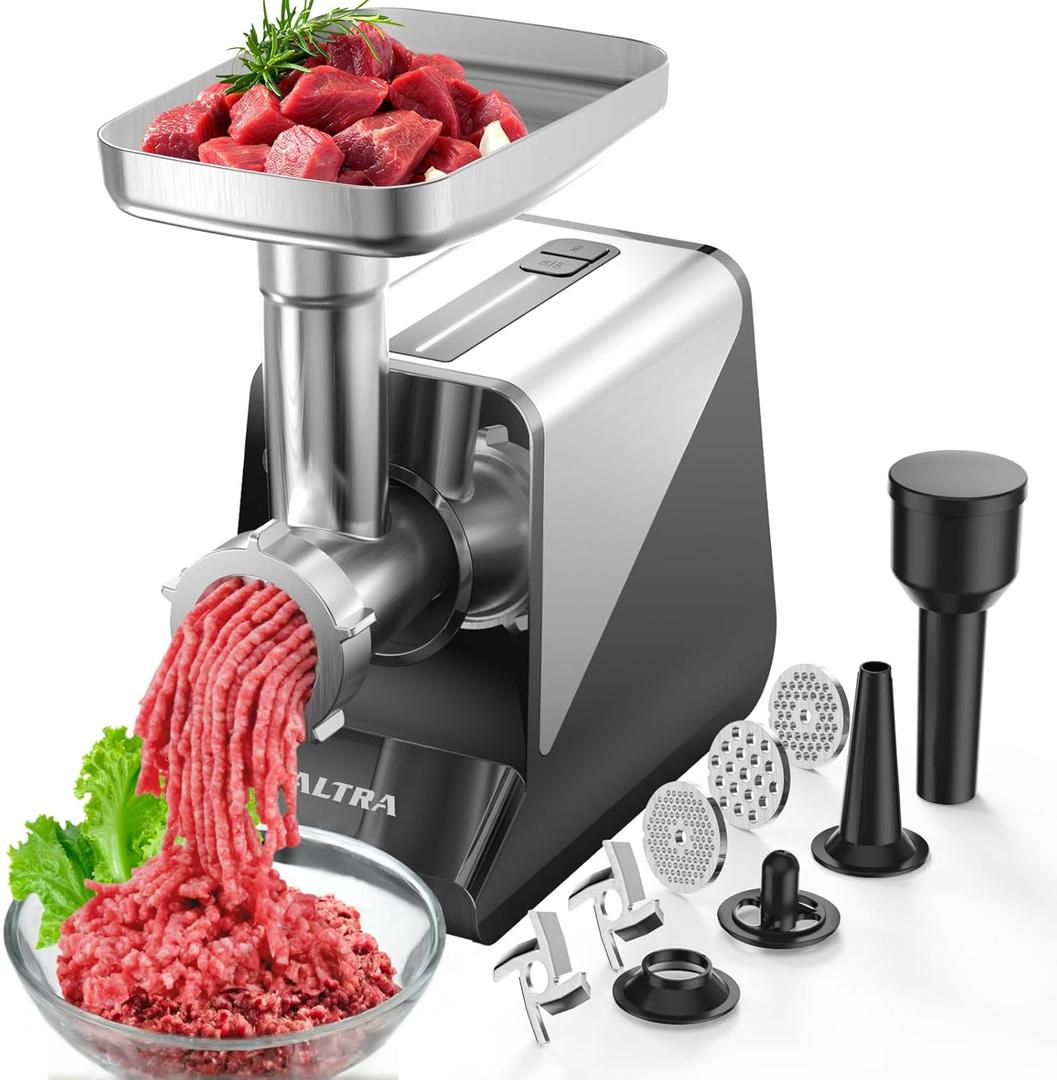 #8 Meat Grinder, [3200W Max] Electric Heavy Duty Sausage Stuff with 2 Stainless Steel Blades and 3 Grinding Plates, Sausage Tube & Kibbe Kit, for Commercial & Home Use (Silver)