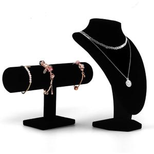 Coobbar Black Velvet Jewelry Display Set - T-Bar & Mannequin Bust, 2-Piece for Necklace & Bracelet Display, Retail Jewelry Organizer, Desk Stand, Boutique Necklace Stand (Black)