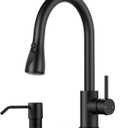 Pull Down Kitchen Faucet with Soap Dispenser - Matte Black Single Handle Kitchen Faucets, High Arc Stainless Steel Pull Out Kitchen Sink Faucet with Deck for RV Laundry Farmhouse Bar
 - B0003 Black