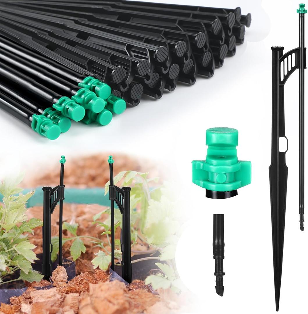 25 Pcs 12.8 Inch Drip Irrigation Stakes with 180 Degree Sprayer Emitters and Sprinkler Extension Riser 1/4 Inch Drip Line Sprinkler Support Stakes for Garden Watering System,Green