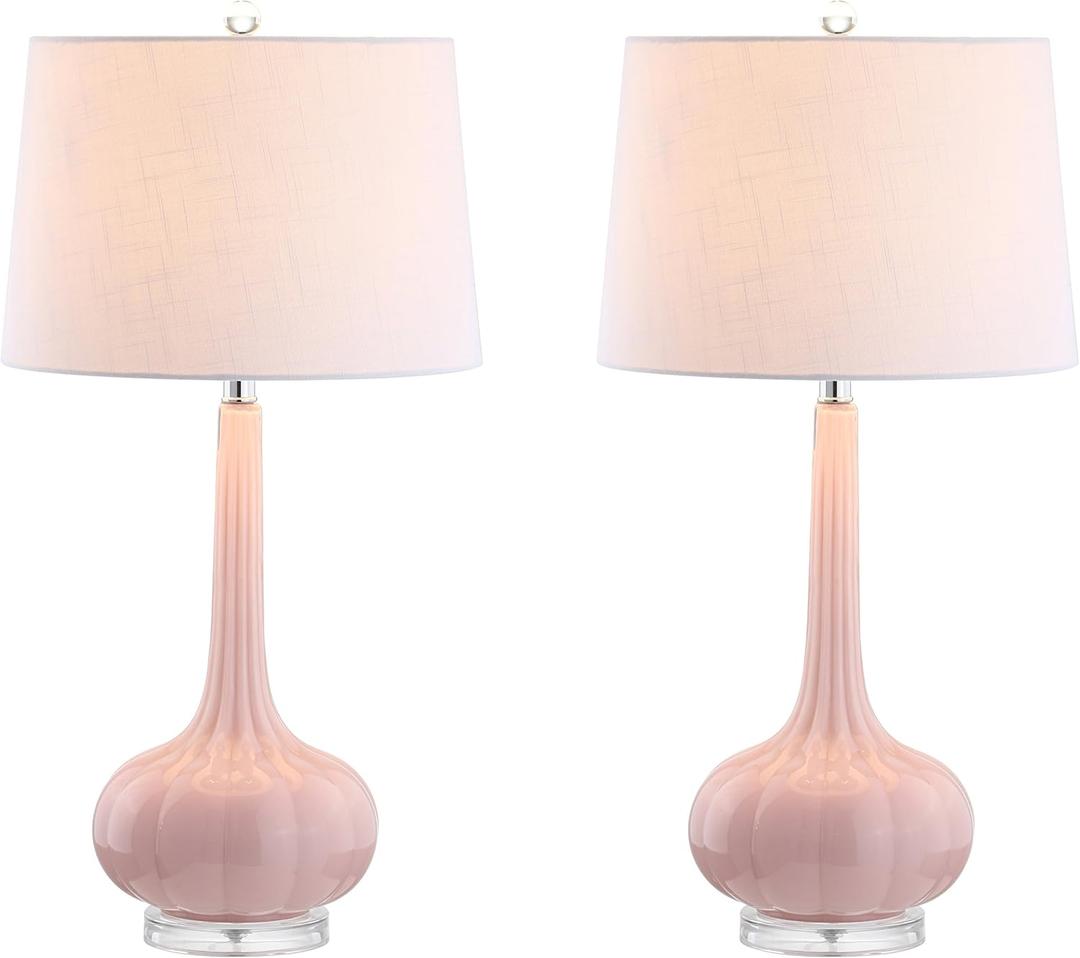 JONATHAN Y 28.5" Pink Glass Teardrop LED Table Lamp Set of 2 for Living Room Bedroom Nightstand, White Linen Shade Modern Transitional Bedside Desk Lamp JYL1079A-SET2