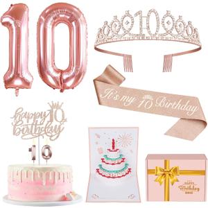 10th Birthday Decorations for Girls, Include 10th Birthday Sash and Tiara, Cake Topper and Candles, Number Balloons, 3D Pop Up Greeting Card, 10 Year Old Gifts for Girls