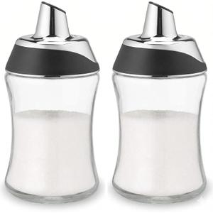J&M Design 2-Pack Glass Sugar Dispenser & Shaker for Coffee, Cereal, Tea & Baking with Pour Spout and Lid for Easy Spoon Measuring Pouring - 7.5oz Jar Container - Coffee Bar Accessories & Essentials