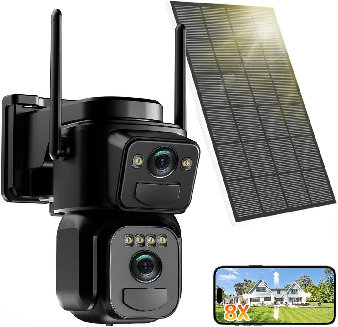 4K Solar Security Cameras Wireless Outdoor Battery Powered, 5GHz & 2.4GHz Dual Lens Bullet & 360 PTZ Outdoor Security Camera with Solar Panel, Digital Zoom, Night Vision,PIR Sensor (1Pack)