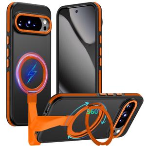 TIANNIUKE for Google Pixel 10 Pro XL Case 360Rotatable Magnetic Ring Holder Stand with Silicone Strap, Fit for MagSafe Mil-Grade Shockproof Translucent Matte Phone Case (Orange)