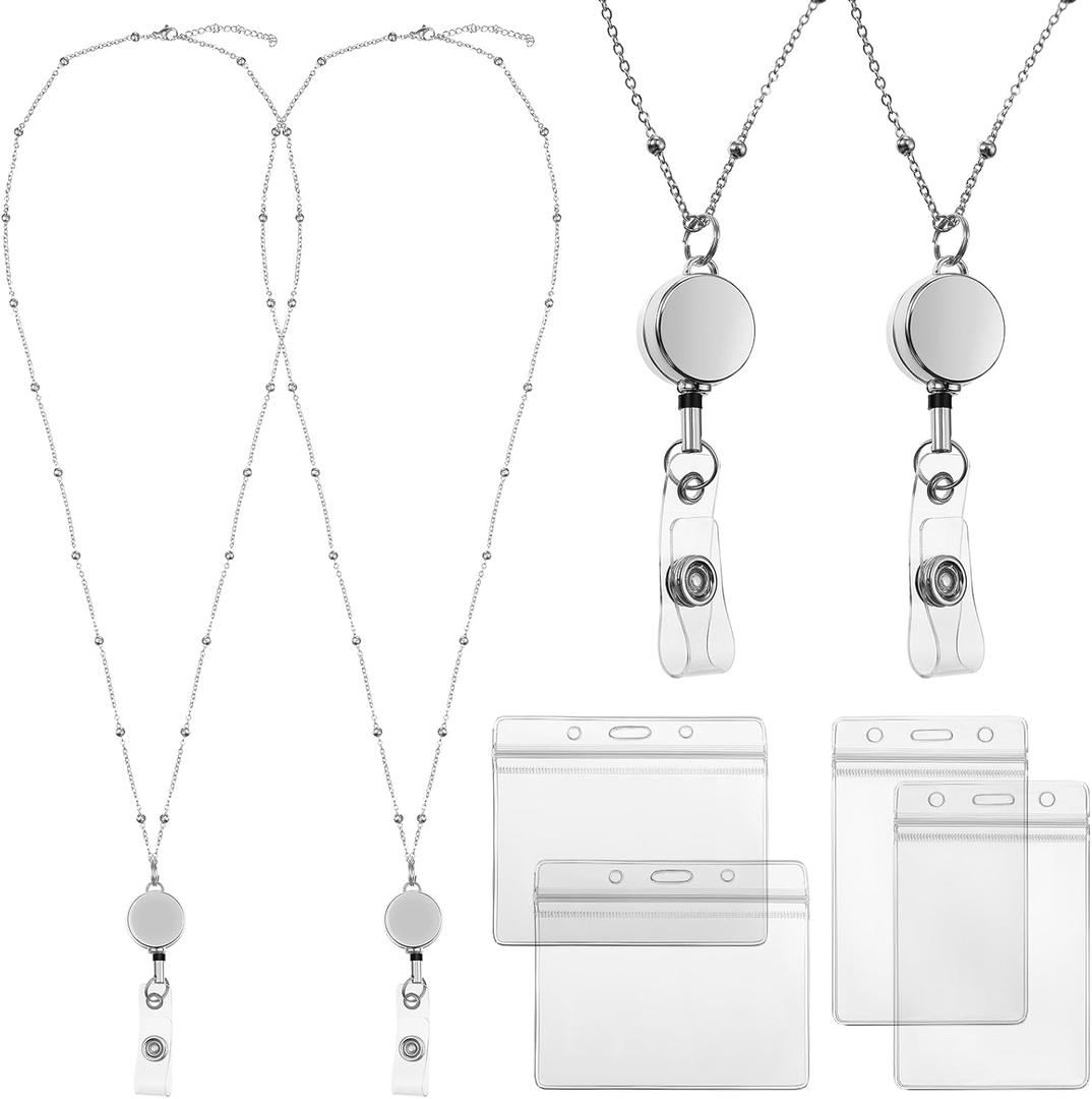 Outus 2 Pieces Badge Lanyard with ID Holders Stainless Steel Badge Name Tag Holders Necklace Retractable Reel Clip Chain Water Resistant for School Office(Silver)