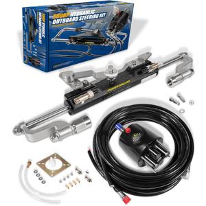Camoo Outboard 300HP Hydraulic Steering Kit, Marine Boat Steering System with Helm Pump, Hydraulic Cylinder, 2 x 26ft High-Strength PU Hoses, Compatible with Most Single Outboard-Powered Boats