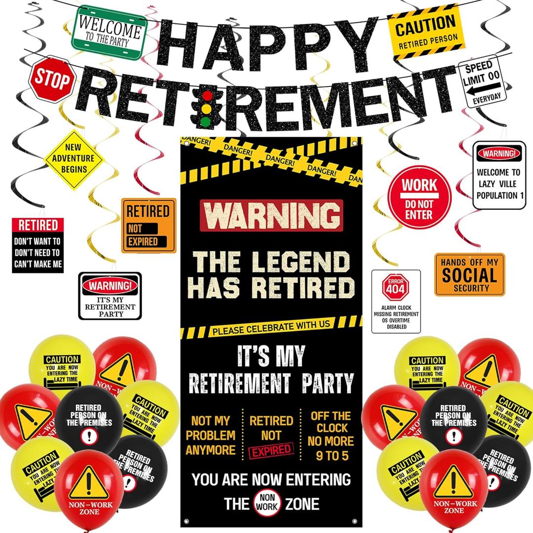 Roetyce Retirement Decorations Men Women, Caution Logos Happy Retirement Banner Balloons Hanging Swirls Kit, Funny Legend Retired Party Supplies Backdrop for Coworker Family, Retired Door Wall Signs