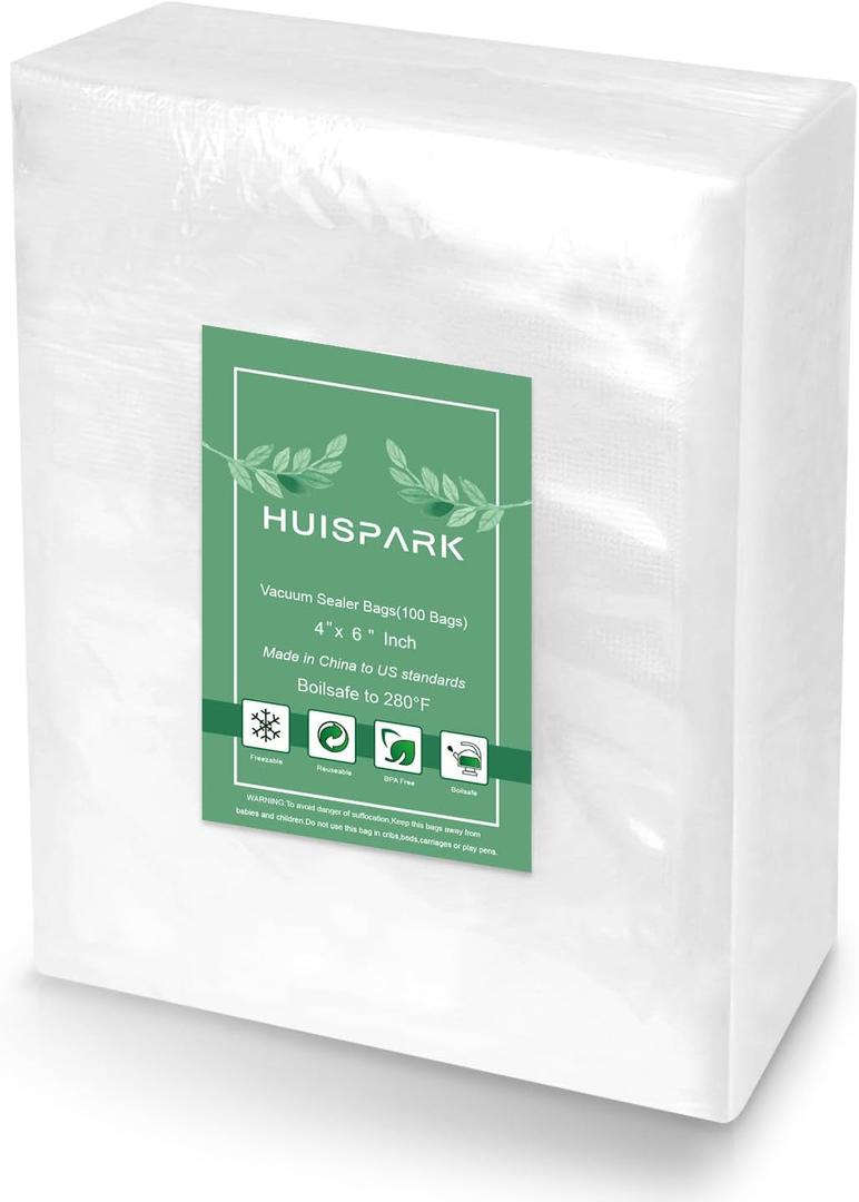 Vacuum Sealer Bags,Heavy Duty Pre-Cut Design Commercial Grade 4x6 Inch Food Sealable Bag for Heat Seal Food Storage, Seal Bag Boilsafe to 280F Freezable, Resizable,Reuseable (100Pcs)