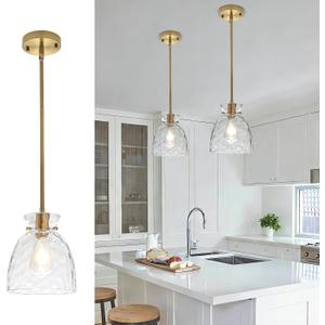 Modern Pendant Lights Kitchen Island, Gold Pendant Light with Hand-Blown Hammered Clear Glass, 7.5Inch Hanging Light Fixtures Brass Island Lights for Kitchen Sink, 1 Pack