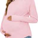 Yousify Womens Maternity Shirts Long Sleeve Round Neck Tops Pregnancy Clothes Loose Fit Casual Blouses with Thumb Holes (X-Large, Pink)
