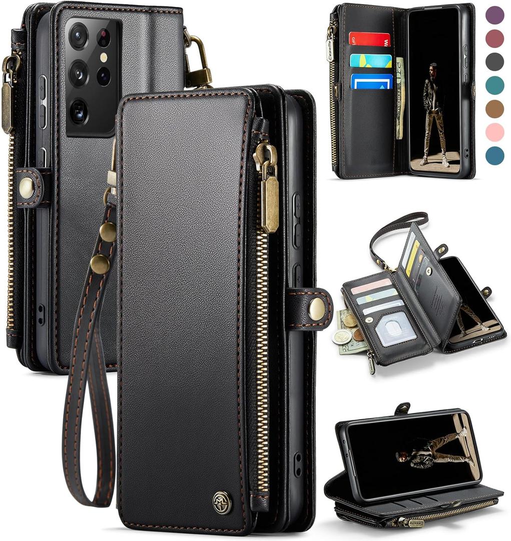 Defencase Compatible with Samsung Galaxy S21 Ultra Case Wallet with RFID Blocking Card Holder for Women Men, PU Leather Magnetic Snap Flip Zipper Strap Wallet Case Fit for Galaxy S21 Ultra 5G, Black