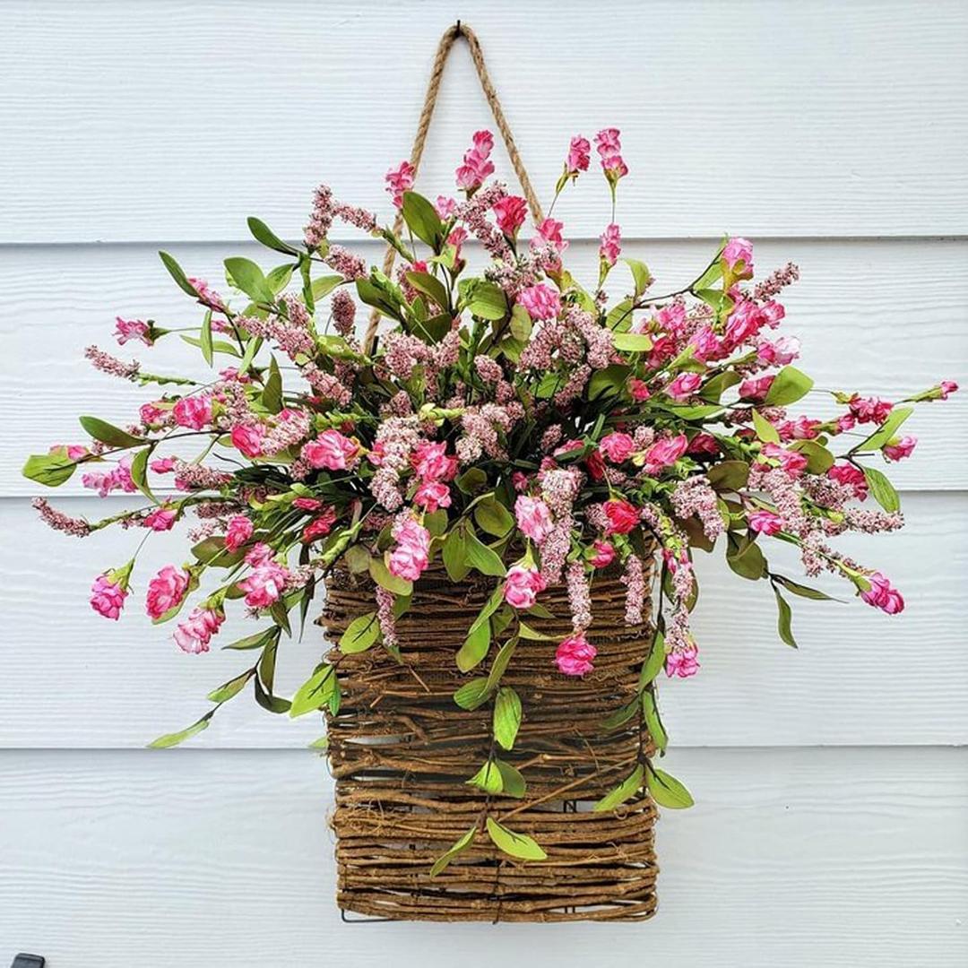 Wildflower Wreath with Pink Berry Accents - Handwoven Rattan Basket for Front Door, Spring Farmhouse Decor for Mother's Day, Wedding and Everyday Home Accent