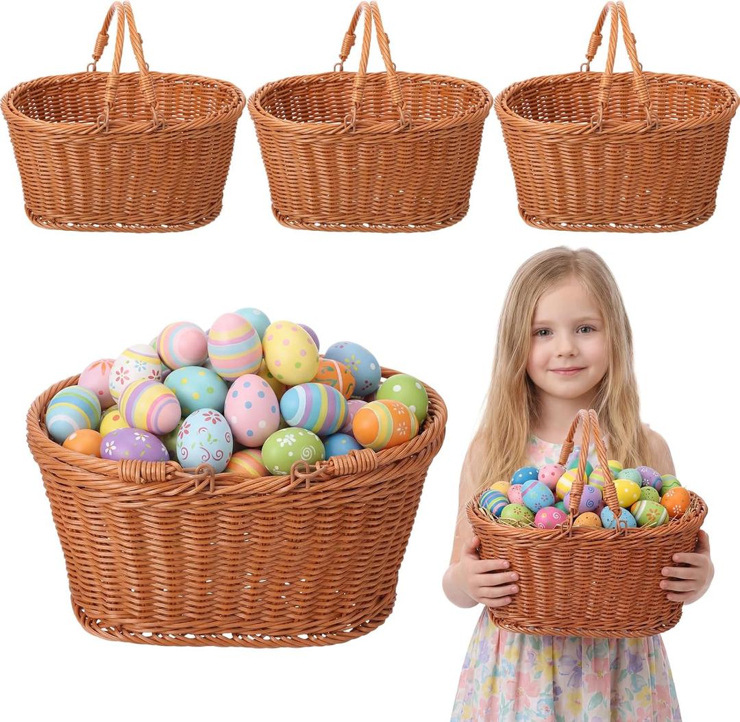 4 Pcs Extra Large 12'' Easter Basket Essentials with Handle Natural Wicker Woven Big Easter Baskets Bulk for Egg Hunt Party Favors Spring Picnic Rattan Candy Gifts Storage Home Garden Decor
