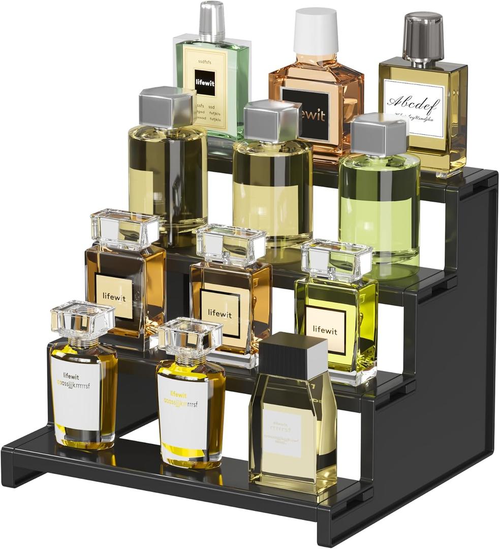 Lifewit Plastic 9 Inch Dark Cologne Stand, Step Perfume Organizer,Versatile Display Stand Shelf for Fragrance, Skincare, Figurine, Dessert, Use for Vanity, Tabletop, Cabinet,1 Set (9" L x 7.1" H)