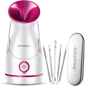 Amconsure Facial Steamer - Nano Ionic Face Steamer Warm Mist Steamer for Home Sauna SPA, Humidifier for Face Steamer for Deep Cleaning Unclogs Pores Sinuses - Bonus 5 Piece Stainless Steel Skin Kit (A-rose Red)