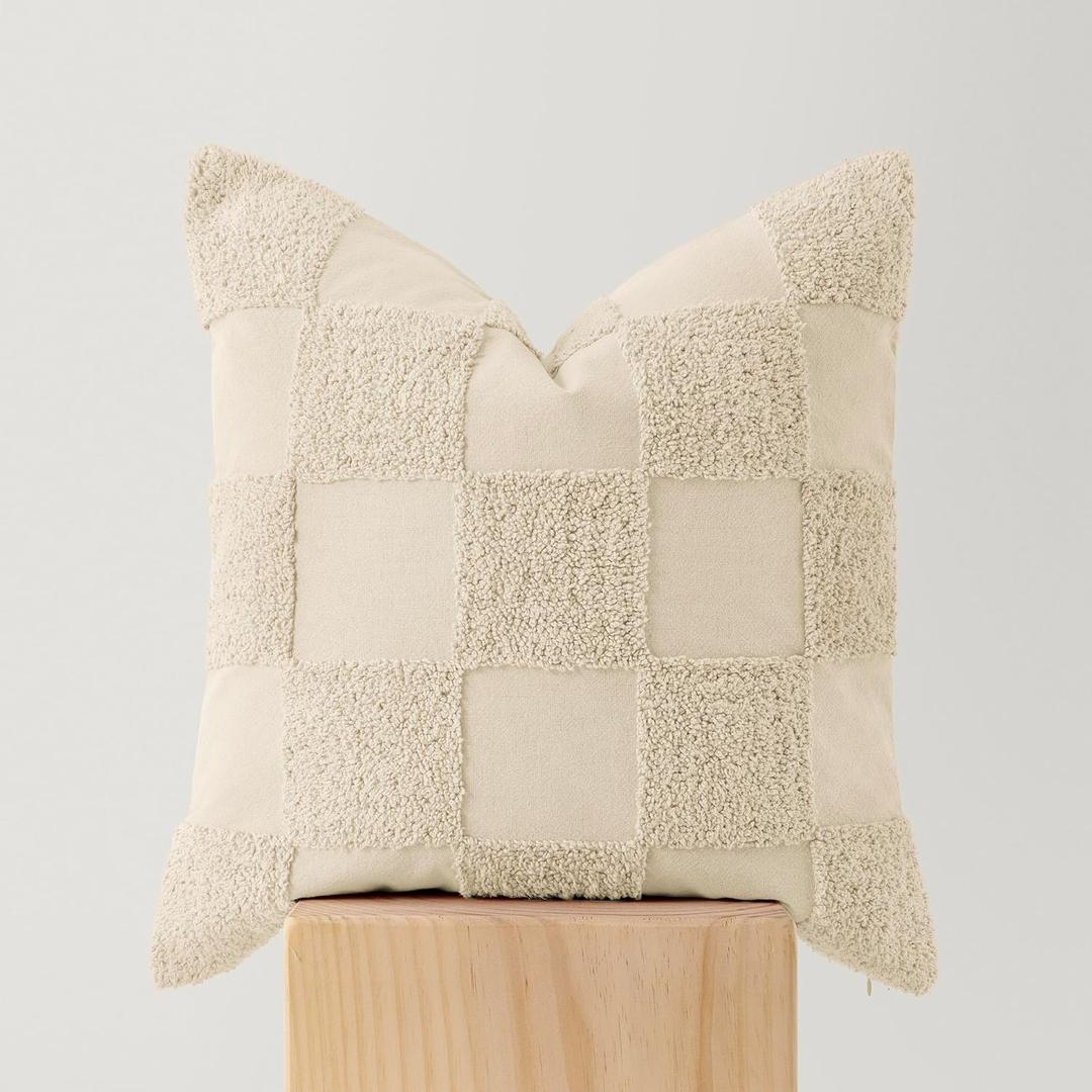 Double Stitch Checkered Throw Pillow Covers - 100% Cotton Tufted Boho Decorative Pillow Covers 20x20, Made in India, Square Plaid Cushion Case, Modern Home Decor for Couch, Sofa, Living Room, Beige